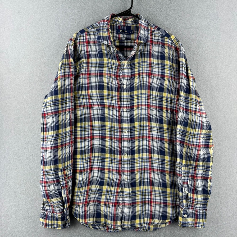 Polo Ralph Lauren Shirt Mens Large Plaid 100% Linen Button Up Long Sleeve